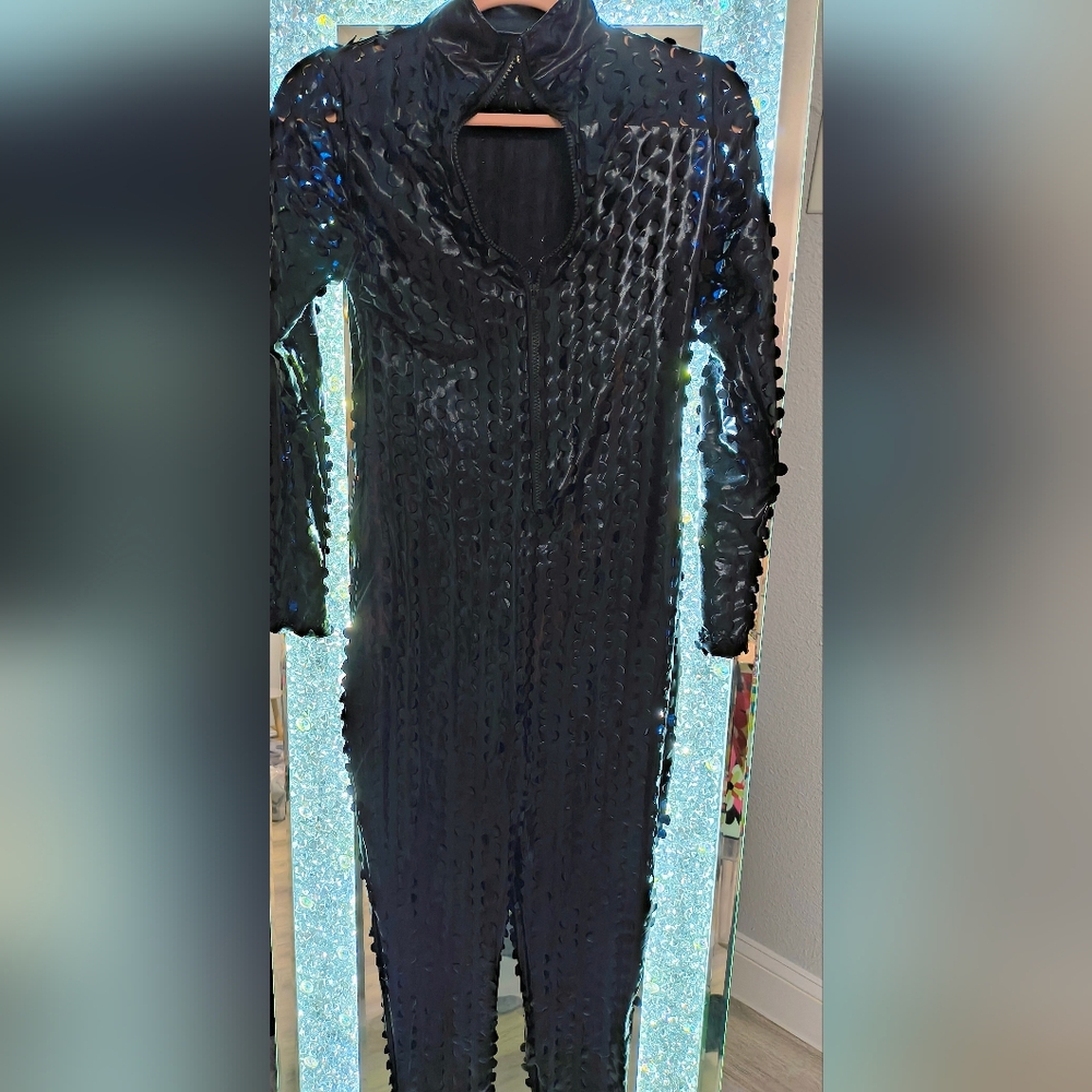 Black Textured Long Sleeve Jumpsuit Mesh Extra sexy